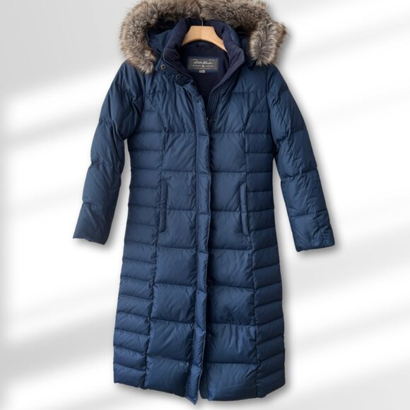💙 Eddie Bauer Down Parka Women’s PXS Petite | Navy Blue Long Puffer - Picture 1 of 6